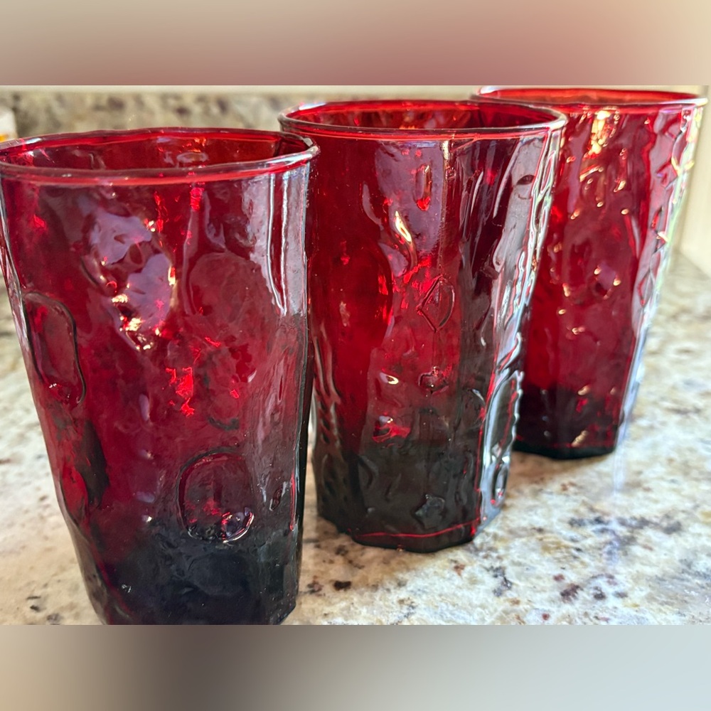VINTAGE SET of 3 Seneca DRIFTWOOD RED 16 oz Glass 5.5”. Pristine mint condition
